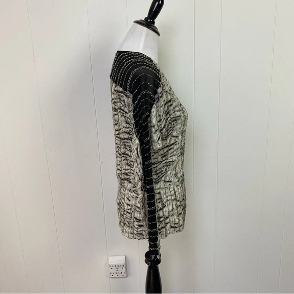 PARKER Animal Print Black Gray Beaded Long Sleeve SILK Sheer Top Women Sz Medium - Picture 6 of 16